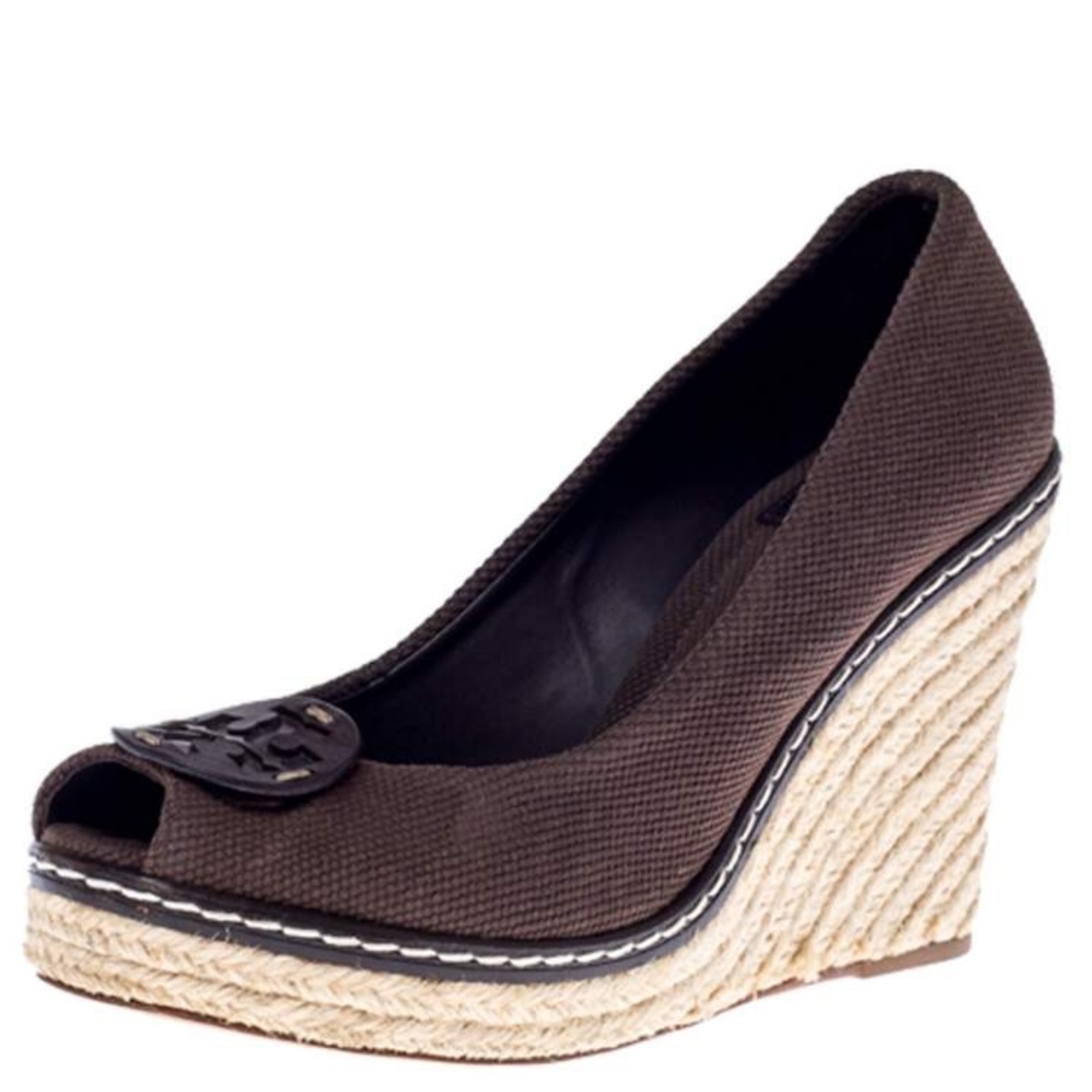 Tory Burch Brown Canvas Peep-Toe Wedge with Logo Accent